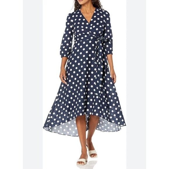 *TAYLOR*Women's 3/4 Sleeve V-Neck Faux Wrap Polka-Dot High-Low Wrap Dress Size M - Picture 1 of 7